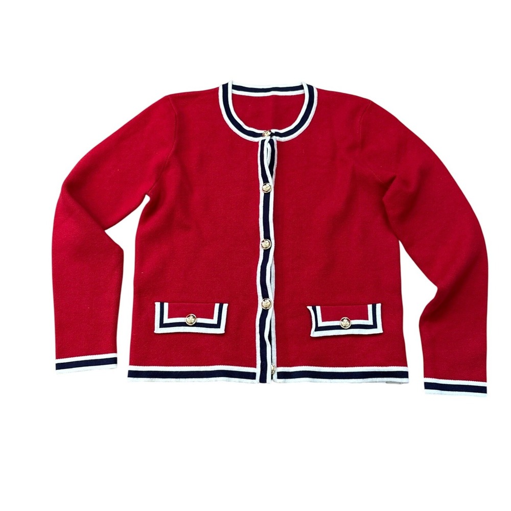 TANOU Cardigan Sweater Womens Red Nautical‎ Gold Button Preppy SIZE S NWT